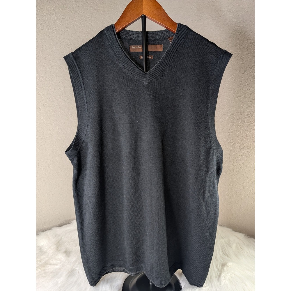 Perry Ellis Sweater Vest Mens Medium Black V-Neck Merino Wool Blend Classic